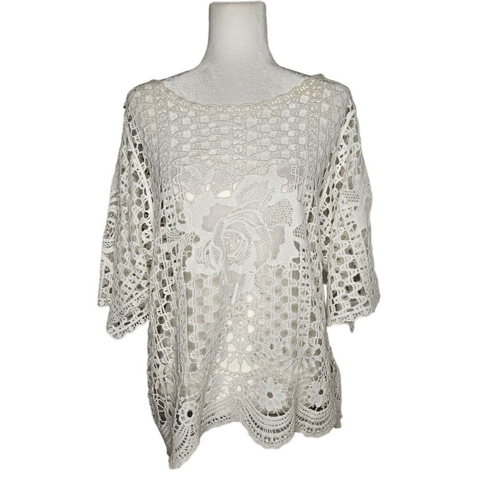 Soft Surroundings Medium White Lace Crochet Top Cottagecore Boho‎ Feminine